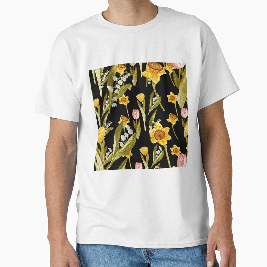 Daffodil tulip snowdrop Easter an ornate pattern black by Yana Mustafina | Boho Soulful Designs