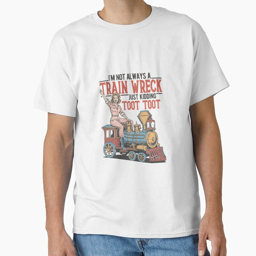 I'm Not Always a Train Wreck — Retro Mid-Century Woman on Locomotive Illustration by Colorful-Garden