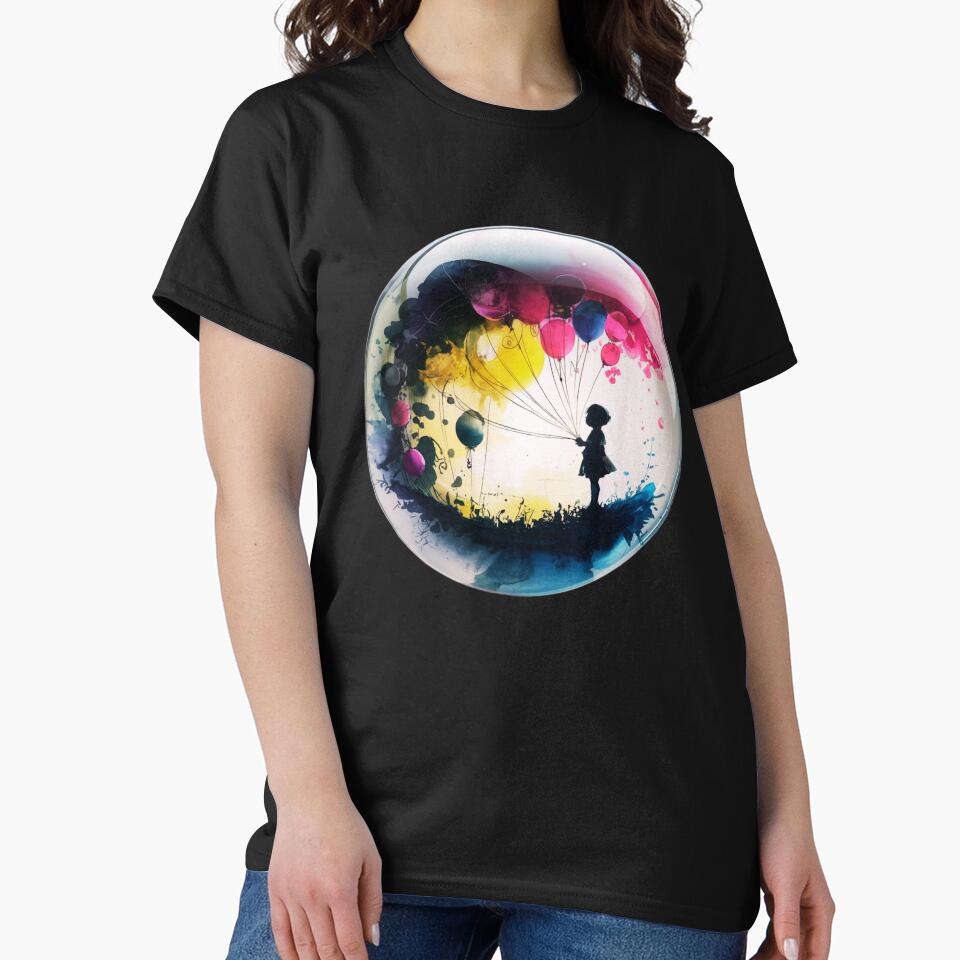 The child is silhouetted against the space, which is filled with balloons by aipaint