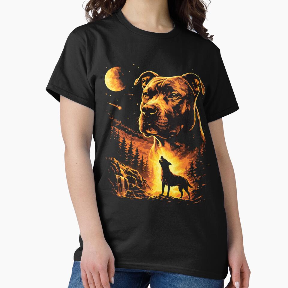 Pitbull Howling at the Moon Vintage 90s Forest Retro Dog Lover by kiralynstration