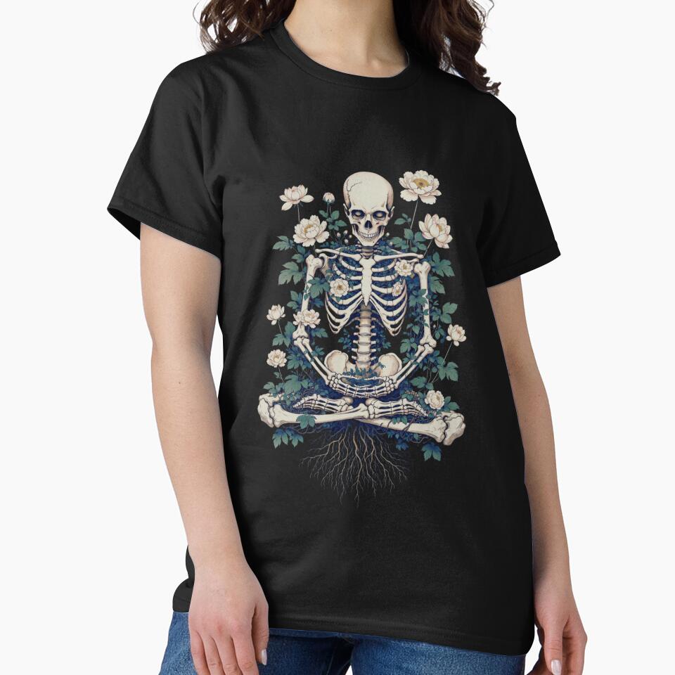 Meditating Skeleton Blooming Flowers Dark Floral Art by Apollo Palette