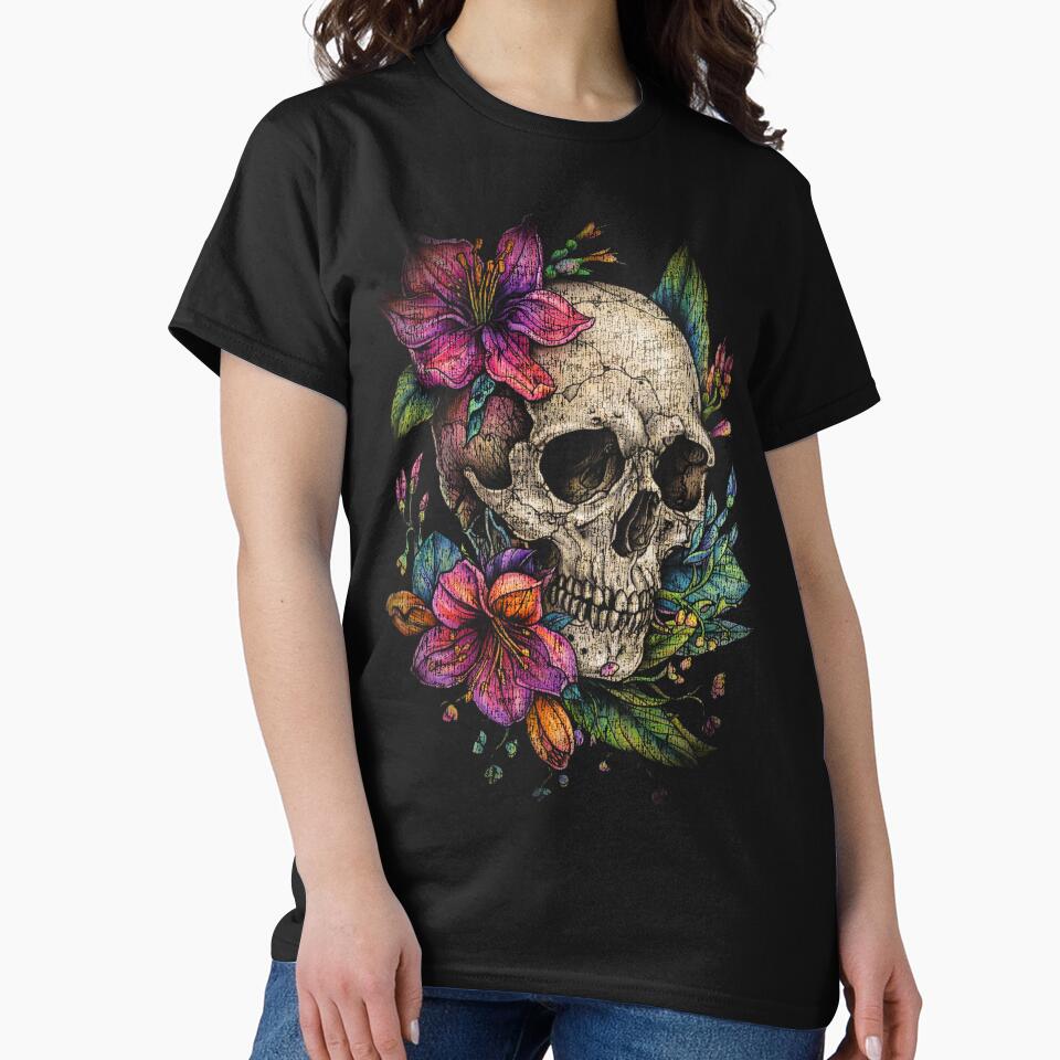 Floral Skull Halftone – Dark Gothic Flower Illustration by PSYNOVA