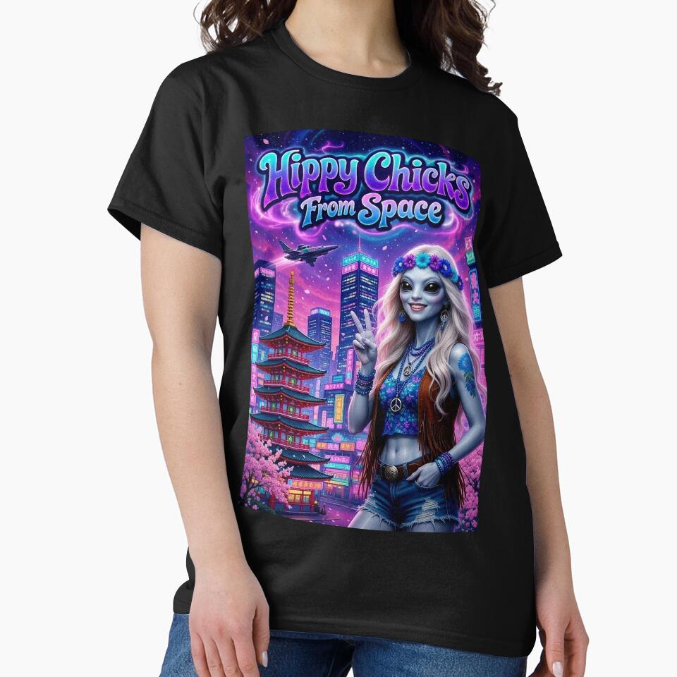 Hippy Chicks From Space - Alien Hippie Girl in Neon Tokyo City Poster by David Brookes Digital