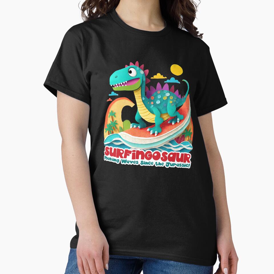 Dinosaur Surfing Funny T-shirt by SOVA-PR