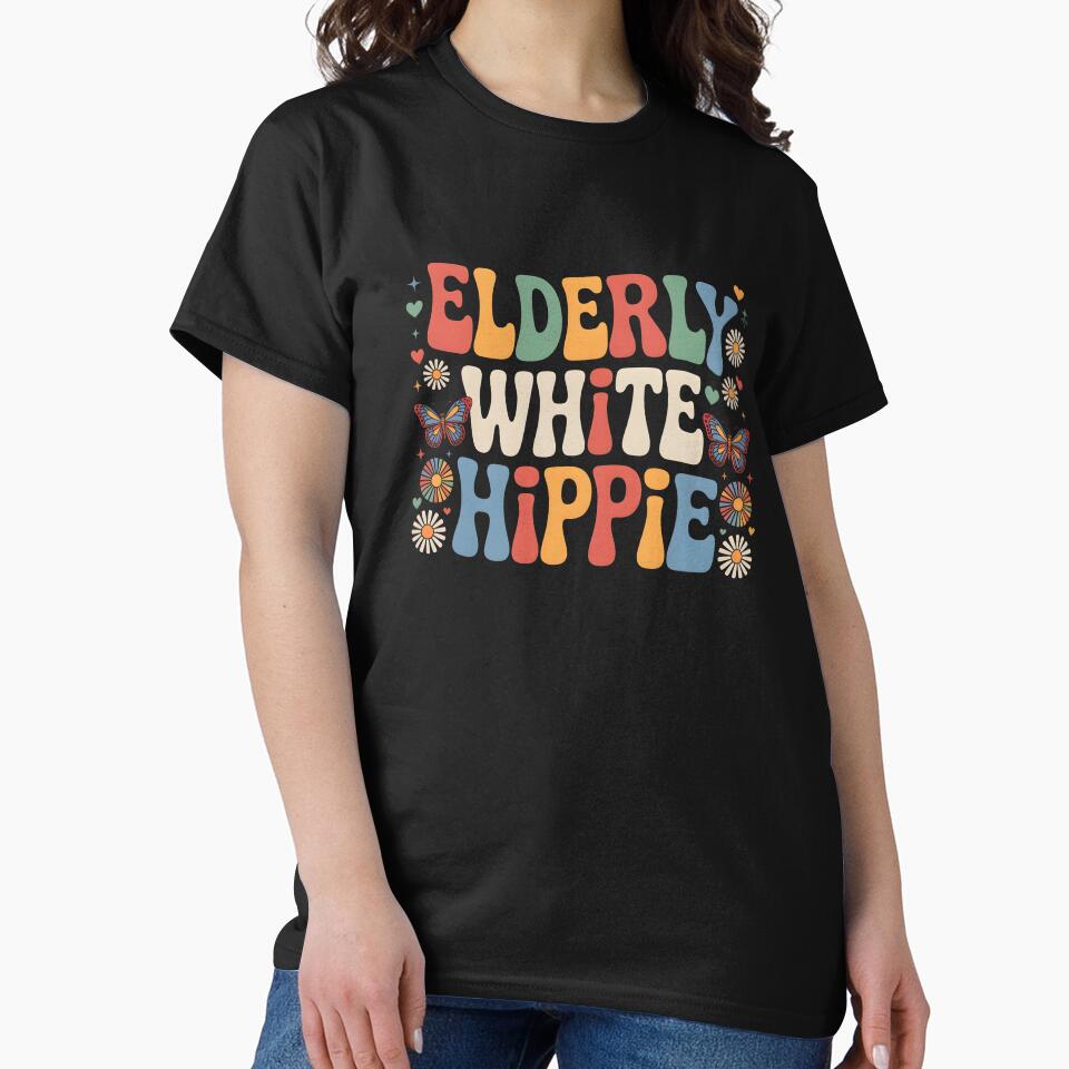 Elderly White Hippie Retro Rainbow Flowers Groovy Design by MissRasheedHam