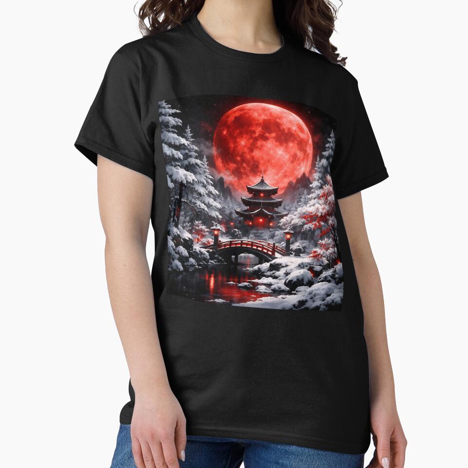 Silent Red Moon Snow – Japanese Winter Moon Fantasy Wall Art Gift by Spiritveil