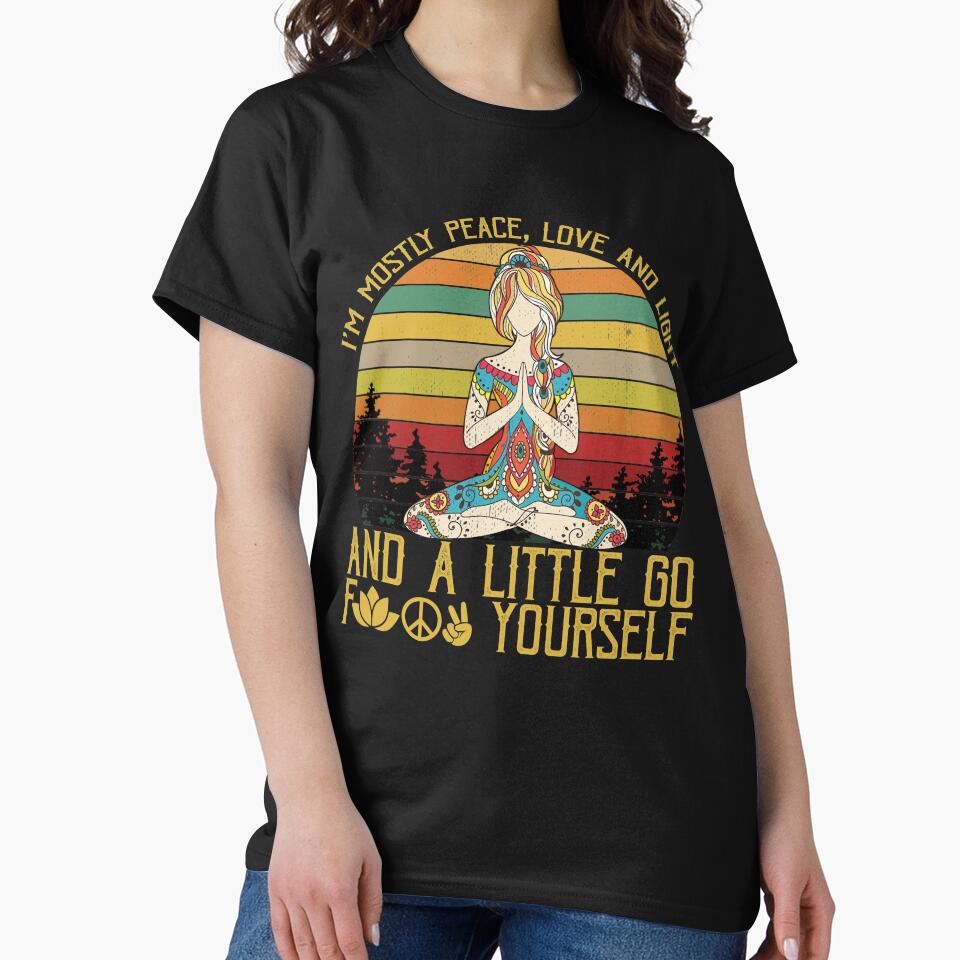 i'm mostly peace, love and light and a little go f yourself shirt, hippie shirt, yoga shirt by mediastyle2