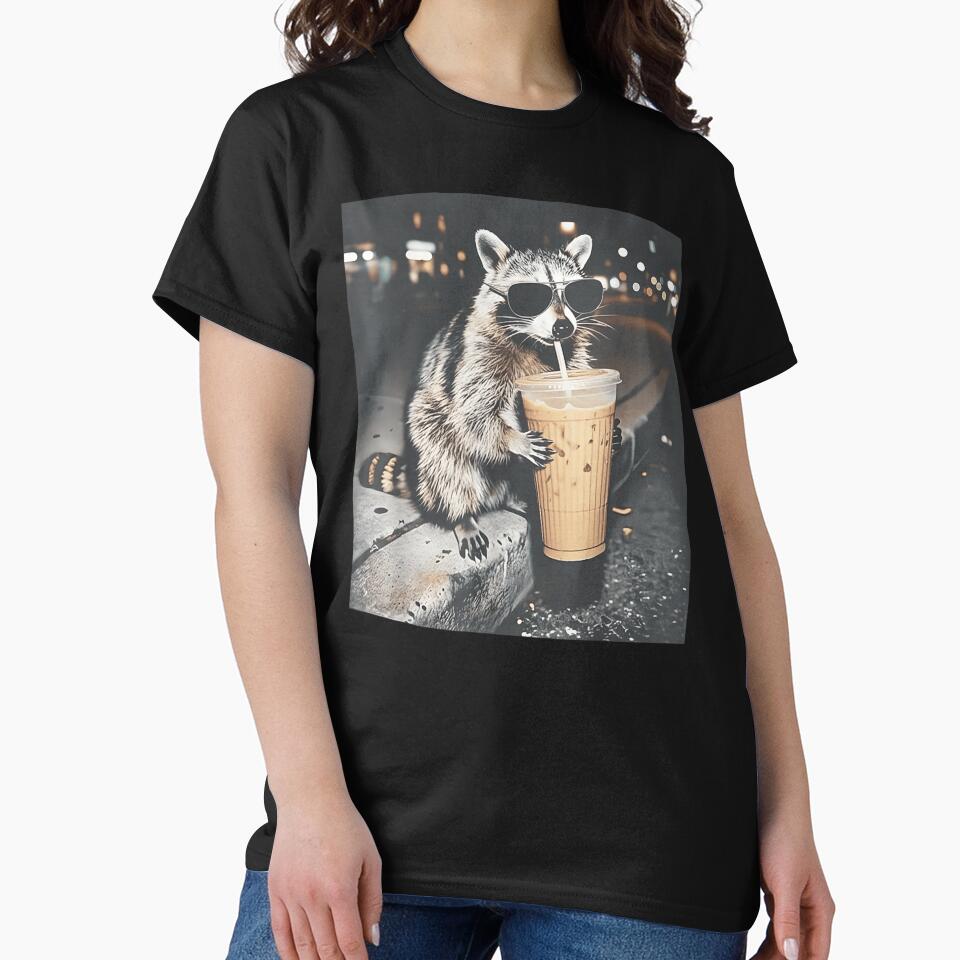 Cool Raccoon Drinking Iced Coffee Wearing Sunglasses Street Style Night Vibes by PonyRoniku