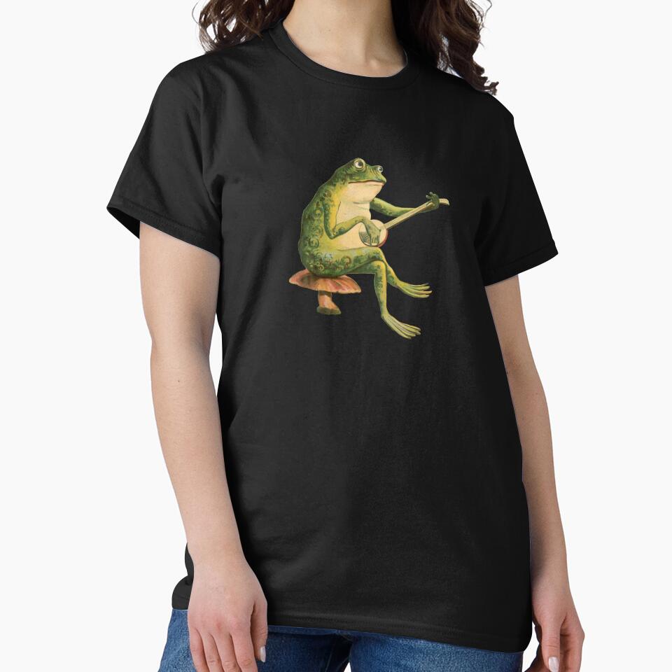 Melancholic Vintage Frog: Banjo Player on Mushroom Toadstool, Cottagecore and Goblincore Aesthetics with Edgy Grunge by MinistryOfFrogs