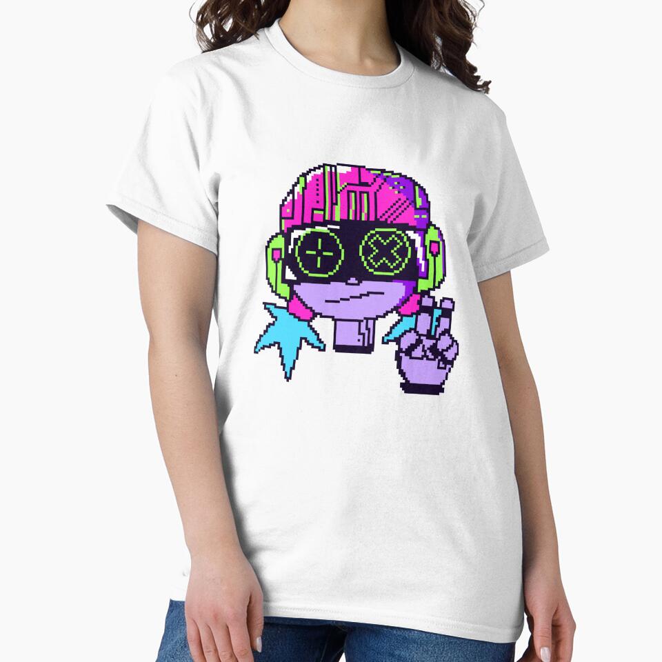 Cyberpunk Pixel Art Girl with Neon Goggles and Headphones Peace Sign by QuietBloom80