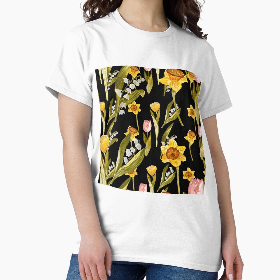 Daffodil tulip snowdrop Easter an ornate pattern black by Yana Mustafina | Boho Soulful Designs