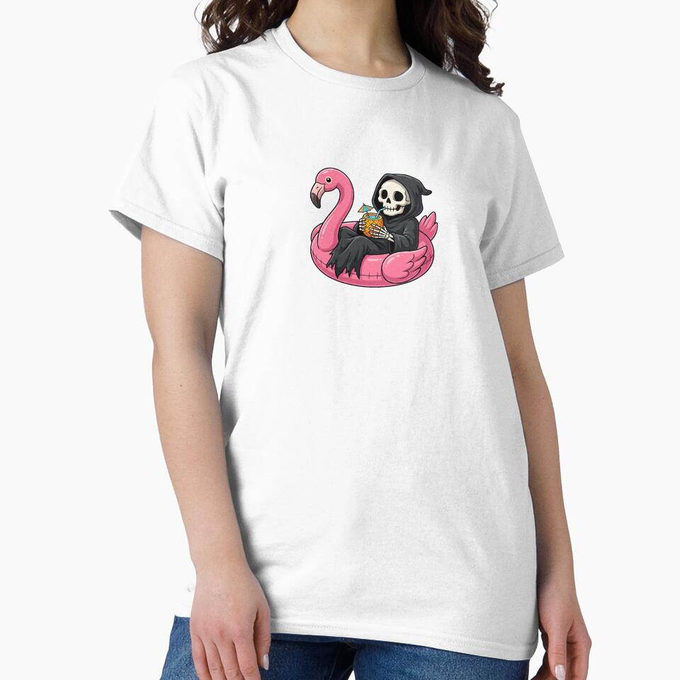 Cute Grim Reaper Relaxing in Flamingo Float by Kvarny