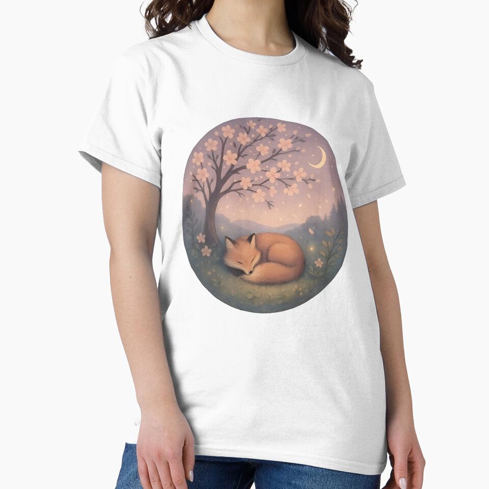 Sleeping Fox Under Cherry Blossom Moon – Cottagecore Dream Illustration by CurioCabinetCo