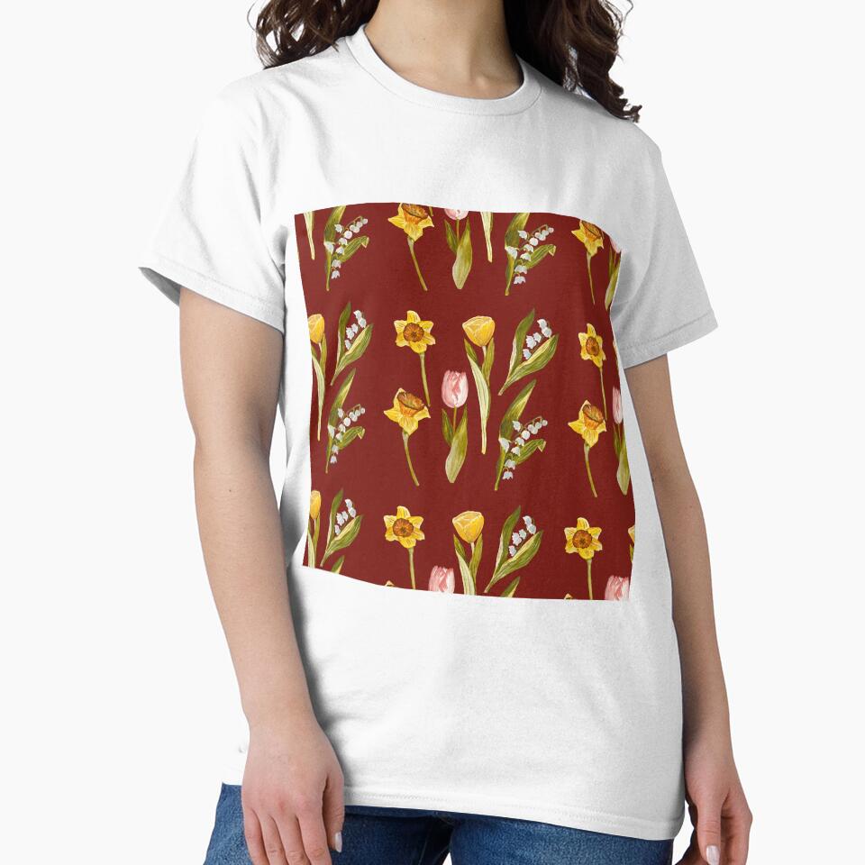 Daffodil tulip snowdrop Easter a seamless pattern red by Yana Mustafina | Boho Soulful Designs