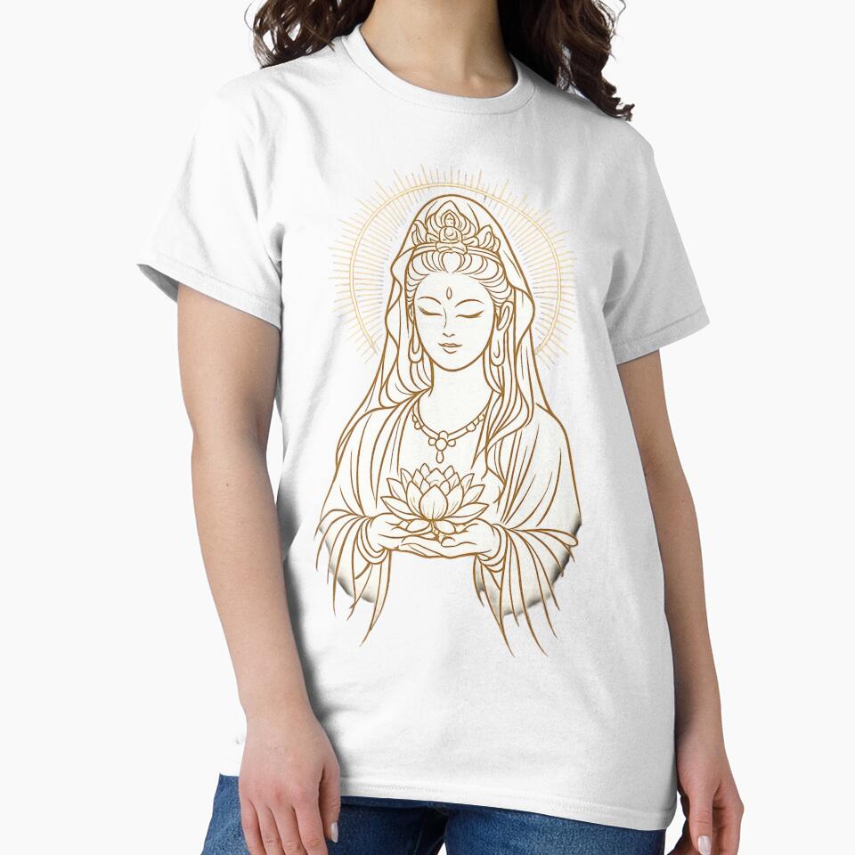 Golden Guanyin Lotus Line Art with Sacred Halo – Goddess of Mercy Spiritual Illustration by Sksticker991