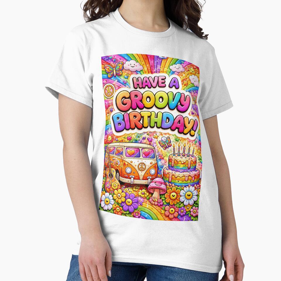 Have a Groovy Birthday - Psychedelic Rainbow Hippie Birthday Cake & Van Art by David Brookes Digital