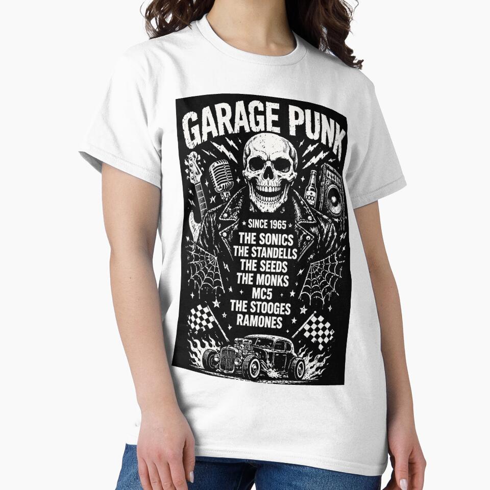 Garage Punk Since 1965 – Skull Leather Jacket Rock Band Distressed Vintage Punk Rock T-Shirt Design by Endthedisease