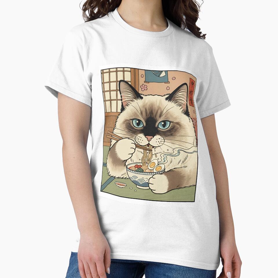 Japanese Ramen Cat Art - Ragdoll Eating Noodles Ukiyo-e Woodblock Print Style by PixelKool