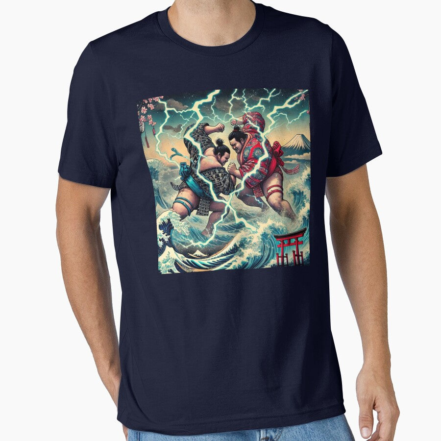 Thunderous Sumo Duel – Great Wave Ukiyo-e Warrior Print by ArtFreshStudio