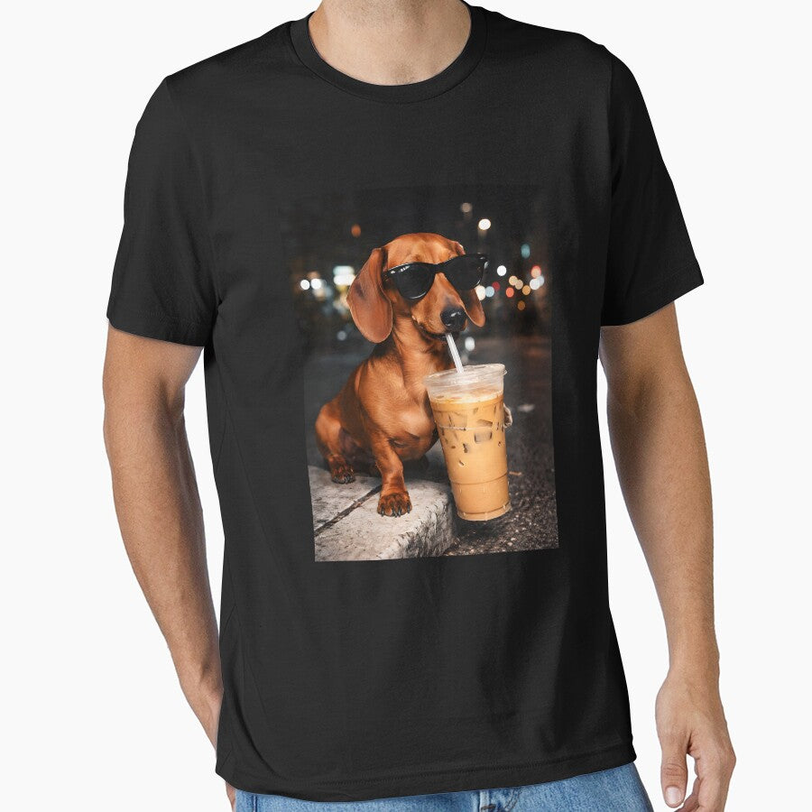 Funny Dachshund Drinking Iced Coffee Washed by PatternGallery