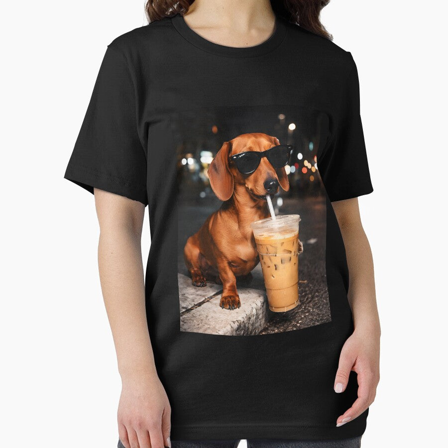 Funny Dachshund Drinking Iced Coffee Washed by PatternGallery