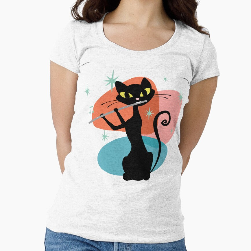 Retro Cat Flutist, Elegant Mid Century Cat Playing Flute by Jazznote