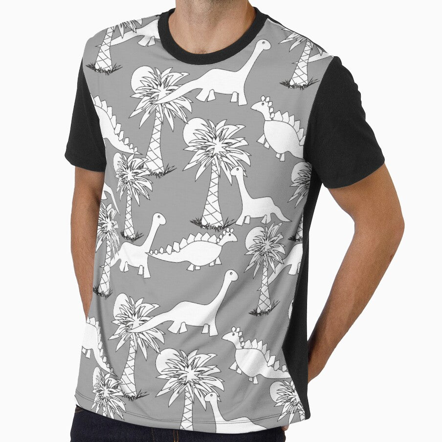All over Dinosaur Outline Drawing with Palm Trees on Gray Ground by MMPlastic