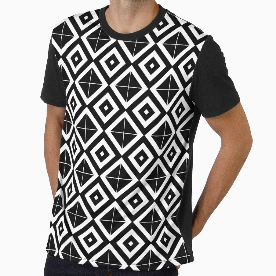 Black and White Diamond Optical Illusion Geometric Pattern All Over T-Shirt – Modern Minimalist Design by FestivityFinds