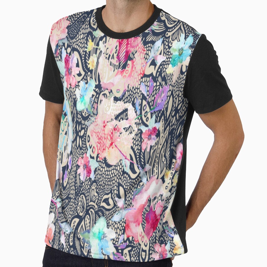 Lace with watercolor flowers for fashion and textile. All over floral pattern for Men's & Women's Fashion by TeeFashionShop