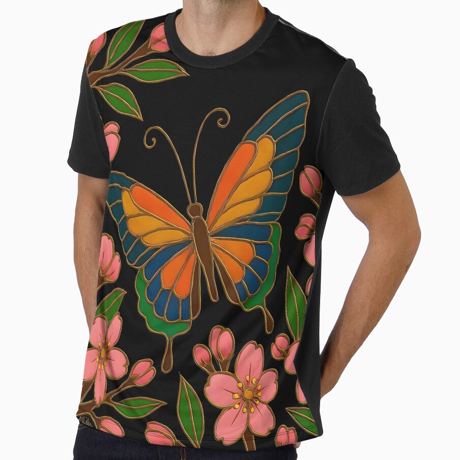 Butterfly in the Cherry Blossoms Under A Full Moon by Lee Hiller Designs