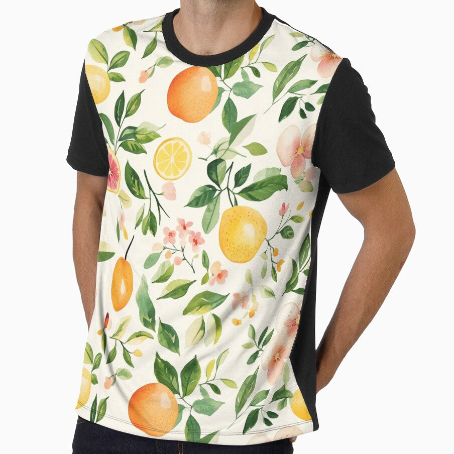 Citrus Fruit Oranges Branches Pink Flowers Watercolor All Over by Feeling Artsy