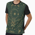 Sage green and gold Celestial crescent moon with floral accents and moon phase tie dye by Abigail Jacques