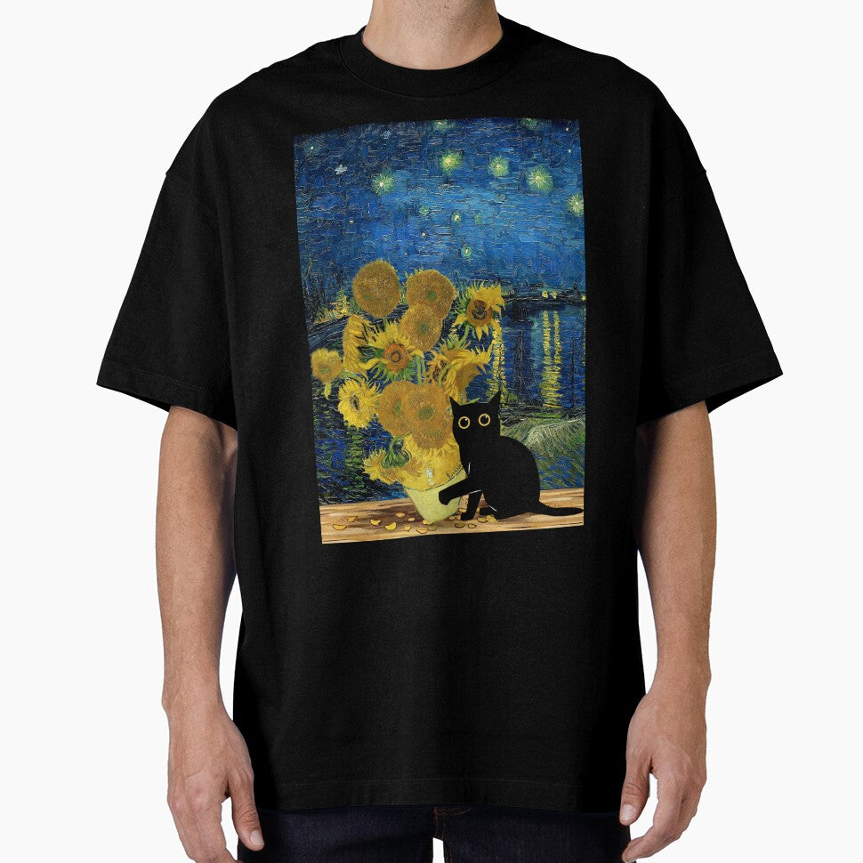 funny cat with sunflowers and starry night by PurrfectHome