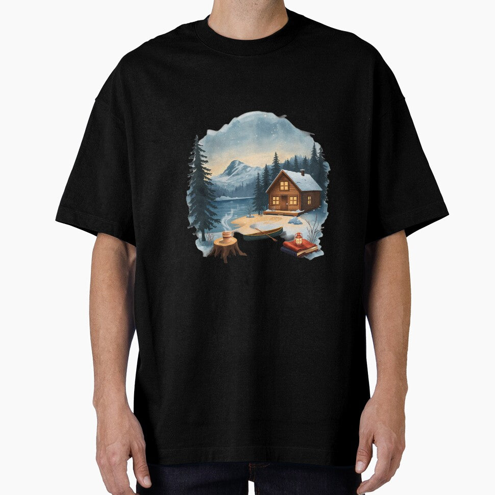 Cozy Cabin Snowy Lake PNG | Hygge Winter Forest Illustration | Mug Sublimation Design by Ashley critters