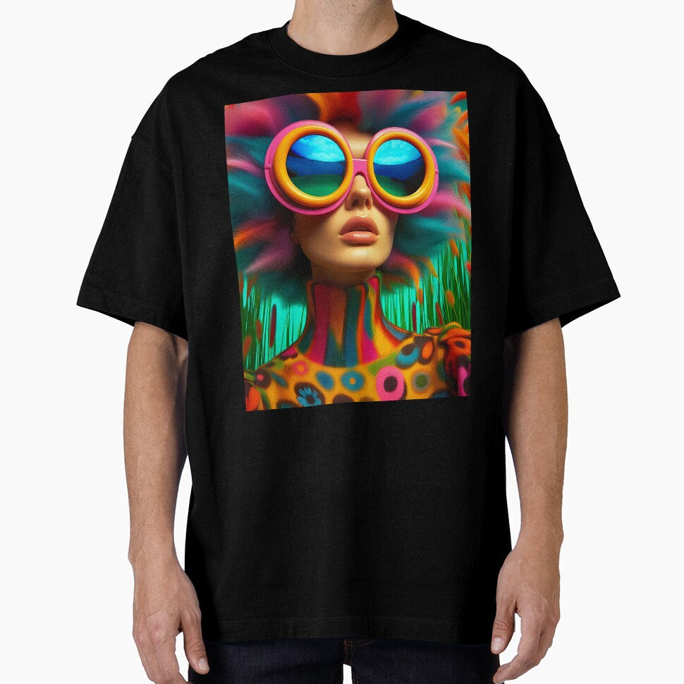 Retro Crazy Oversized colorful retro glasses on a woman and has colorful grassy hair surreal abstract portrait by EmeraldeaArt