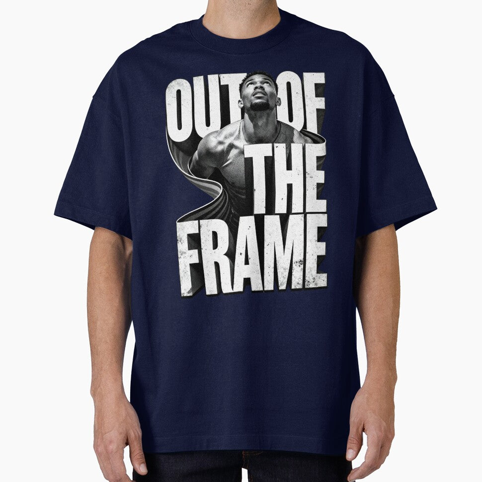OUT OF THE FRAME – Bold Streetwear Typography Graphic Tee | Motivational Urban Design | Vintage Grunge Style by Maximilianos
