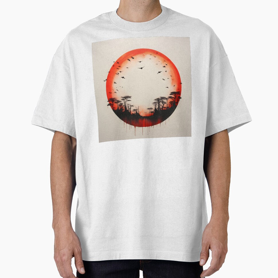 Minimalist red sun art print, birds by dcrc