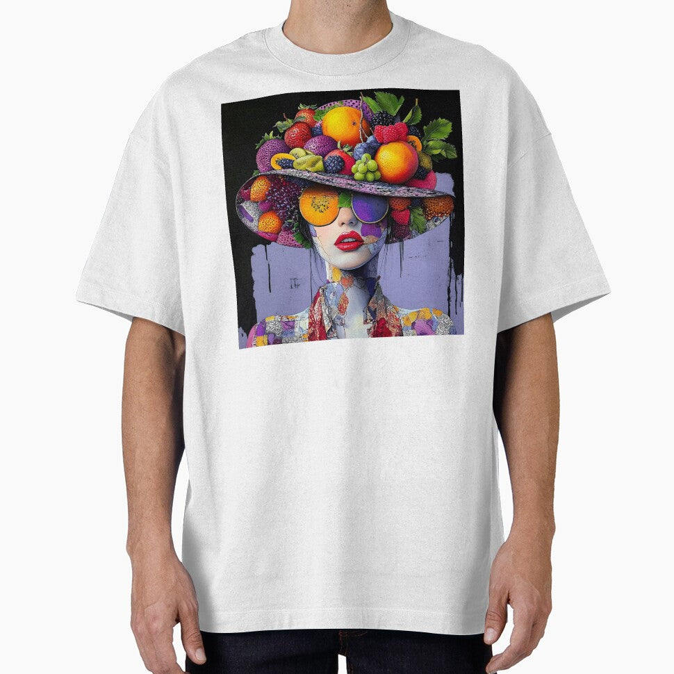 Whimsical Pop Art Female Wearing Purple Fruit Hat by DEC02