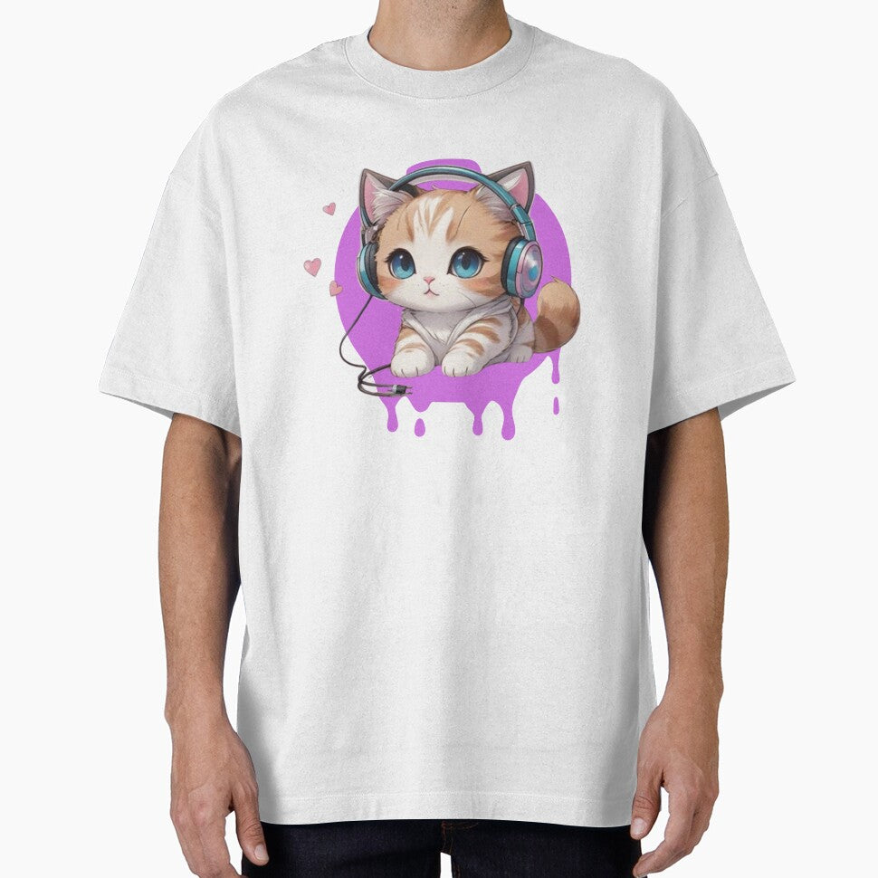 Cute little kitten with headphones in an anime kawaii look by Ecmoprints