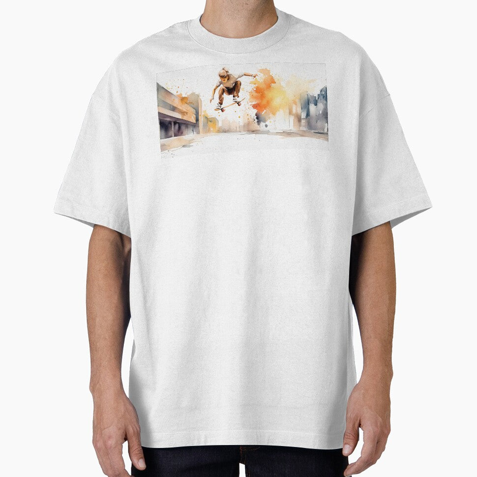Skater mid-air against a vibrant cityscape, depicted in dynamic watercolor strokes by homydesign