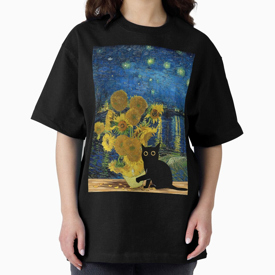 funny cat with sunflowers and starry night by PurrfectHome