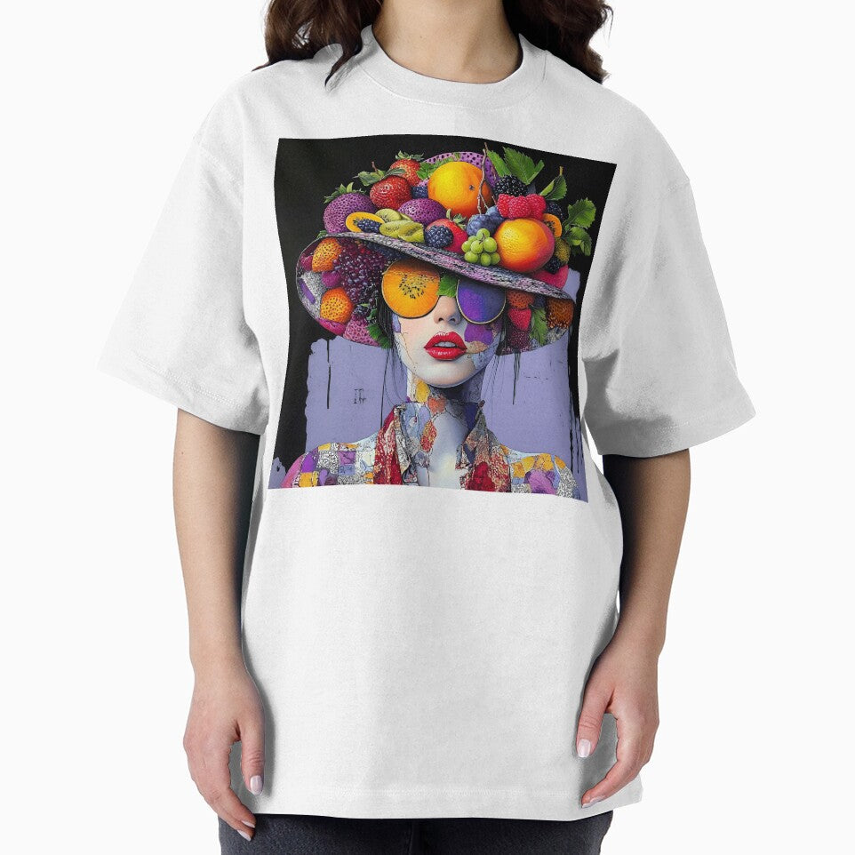 Whimsical Pop Art Female Wearing Purple Fruit Hat by DEC02