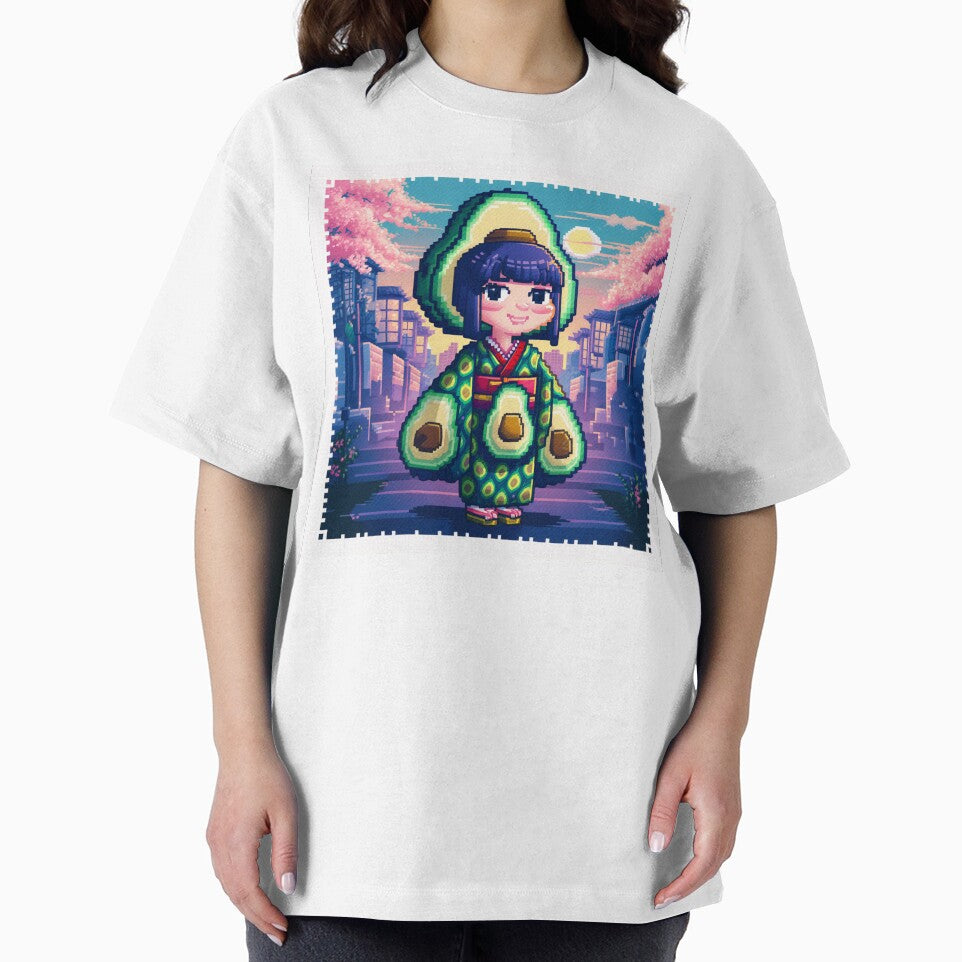 Pixel Art Japanese Girl with Avocado/Palta Design - Retro Art for Clothing, Mugs, Accessories, and Stickers by AlanCStore
