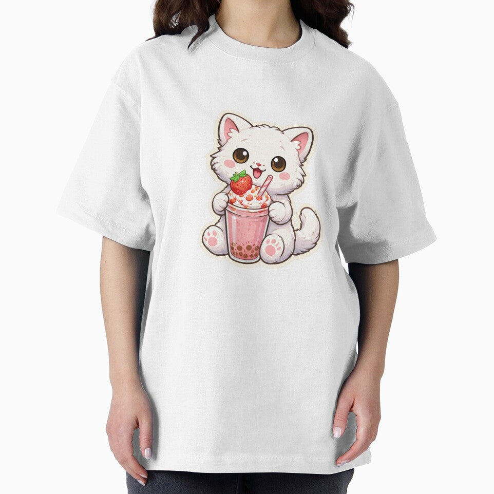 Cute Cat Drinking Strawberry Milkshake – Kawaii Cat Boba Lover Sticker by MrDev