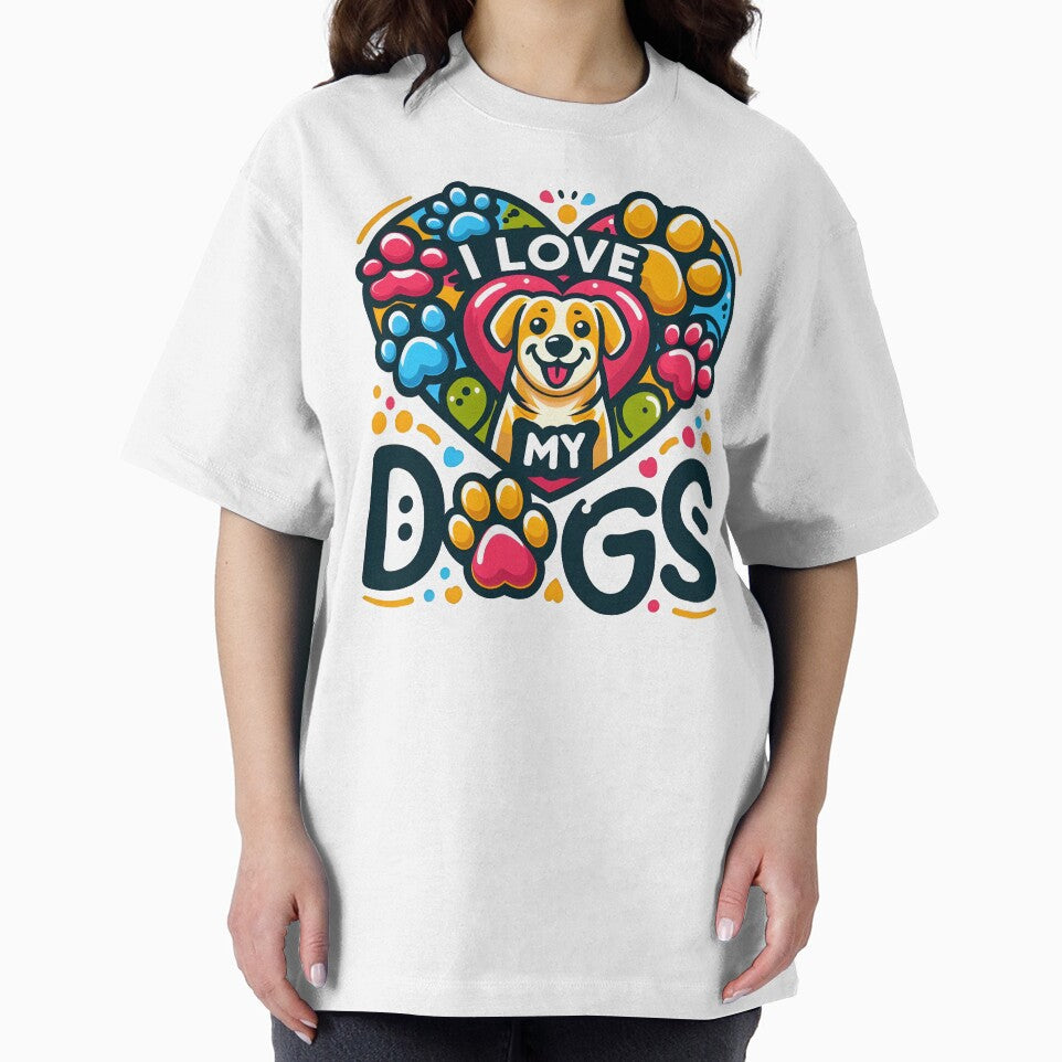 Cute Dog Illustration with "I Love My Dogs" Heart and Paw Prints. by The-T-In-Retro