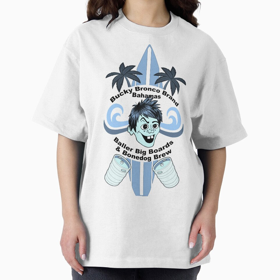 Blue Bucky Bronco Brand Bahamas Baller Big Boards & Bonedog Brew Funny Novelty T-Shirt by Captain Jack's Pirate Hats