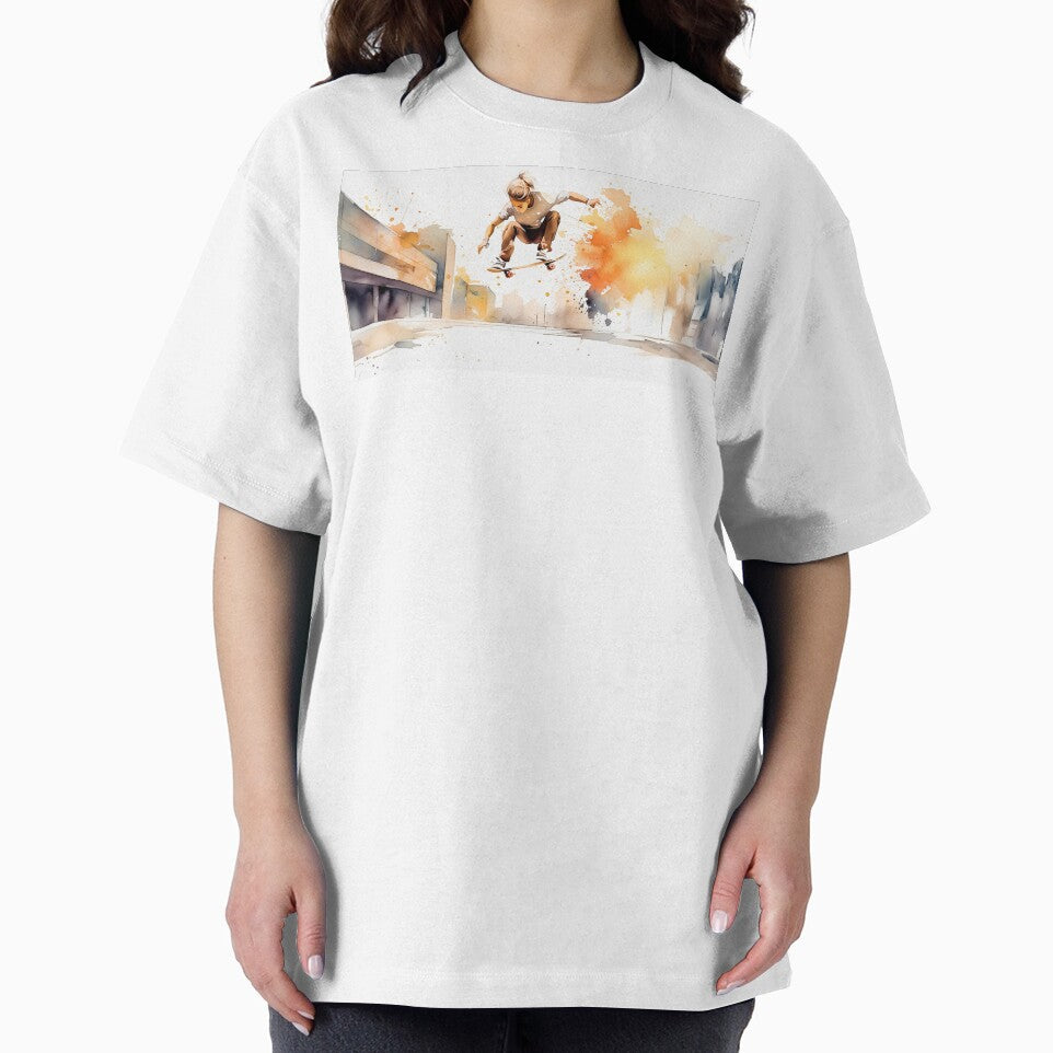 Skater mid-air against a vibrant cityscape, depicted in dynamic watercolor strokes by homydesign