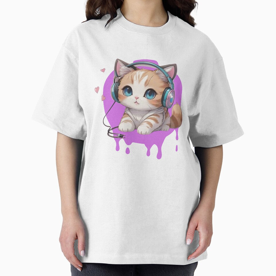 Cute little kitten with headphones in an anime kawaii look by Ecmoprints