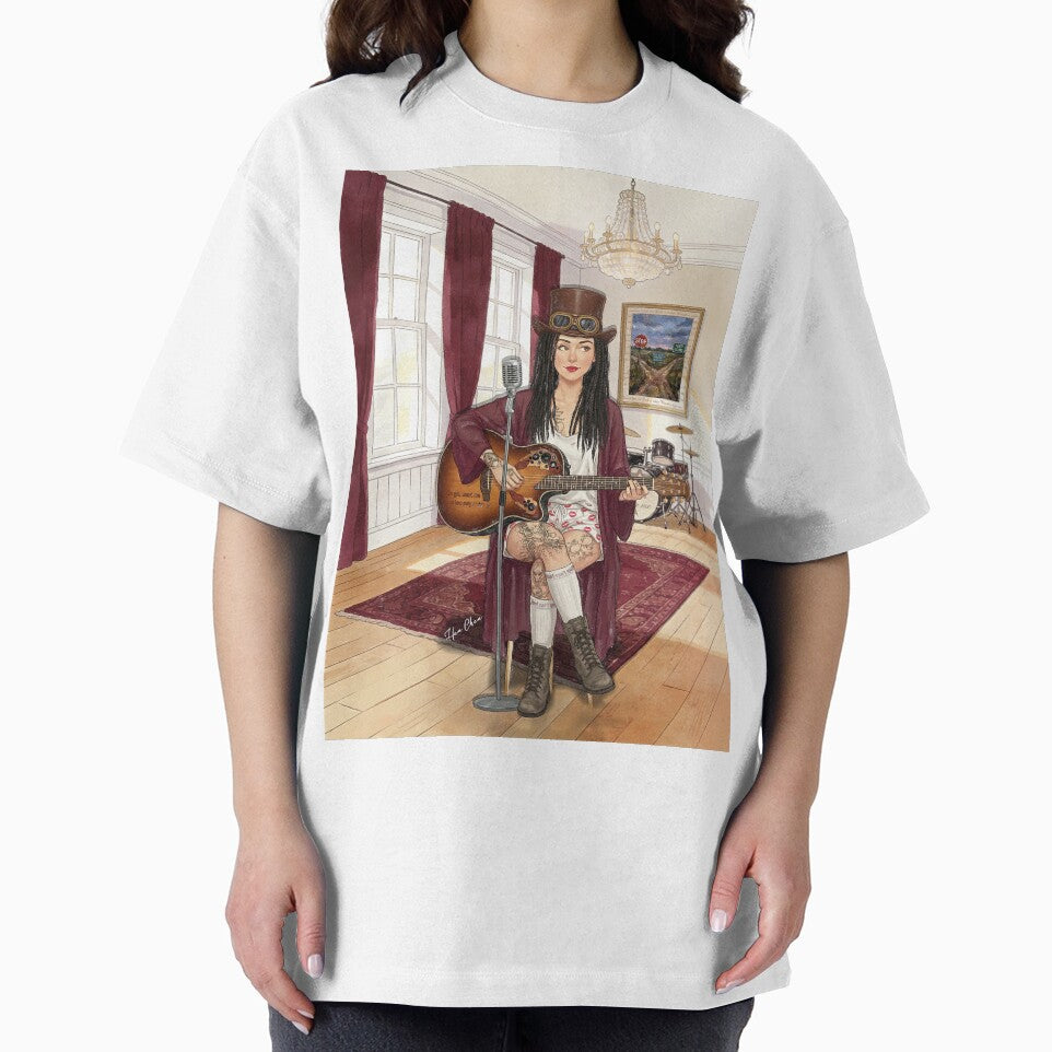 Steampunk Rocker Girl - Boho Musician with Acoustic Guitar Art by Hen-C-Art