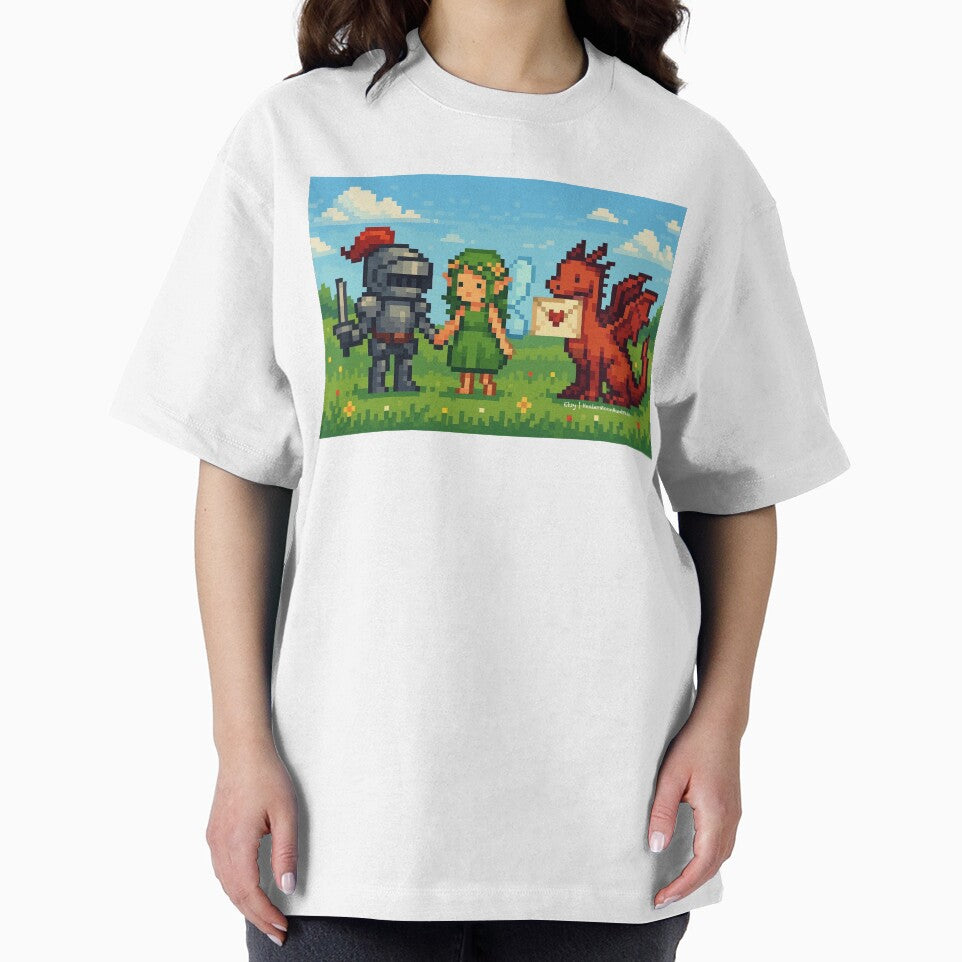 Pixel Knight and Fairy Holding Hands with Dragon and Love Letter – Romantic Fantasy Pixel Art Scene by HealerMoonHuntressDesigns